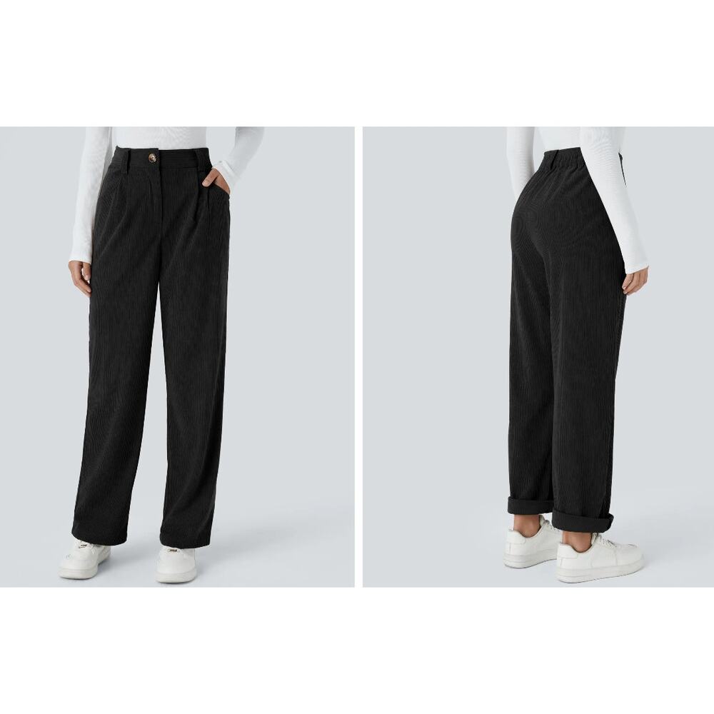 Halara High‑Waisted Zipper‑Pocket Corduroy Casual Pants Black (Est. Size S) EUC